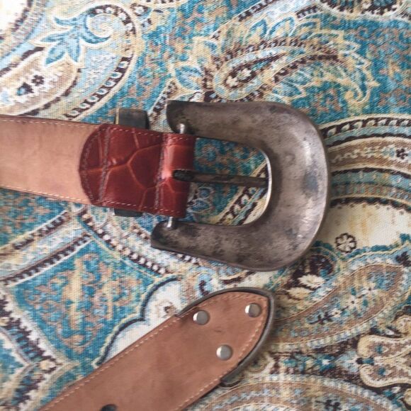 Jennifer Graham Leather Western Belt Croc Embossed Silver Brass Buckle Medium - Picture 4 of 10
